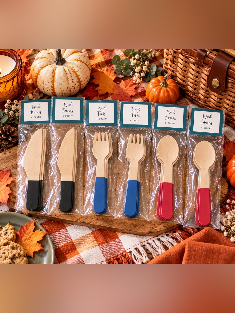 Wooden Disposable Cutlery Set with Colored Handles - Blue, Red, Black